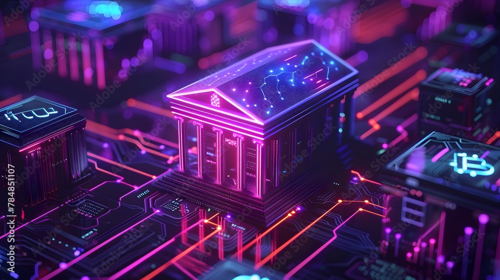 Crypto symbols on a digital cityscape circuit, showcasing decentralized finance