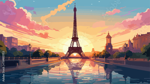 View of the Eiffel tower at sunset .. 2d flat cartoon