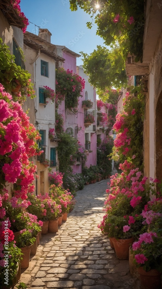 Sunlight gently kisses picturesque alleyway adorned with vibrant, blooming flowers in various shades of pink. Cobblestone path, uneven yet full of character.