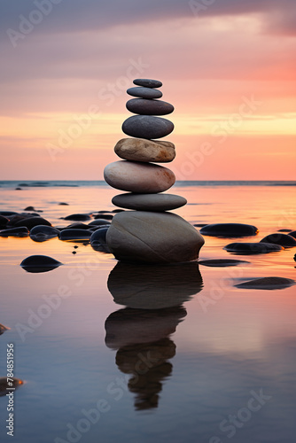 stack of zen stones on the beach at sunset
