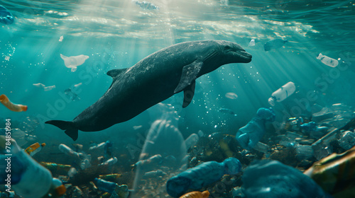 Sea mammals or dolphins  get caught in the plastic waste in the sea