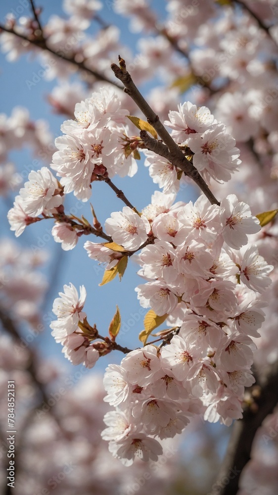 Branch, adorned with delicate cherry blossoms, sways gently against backdrop of clear blue sky. Each blossom, painted in soft hues of pink, white, meticulously detailed, showcasing intricate veining.