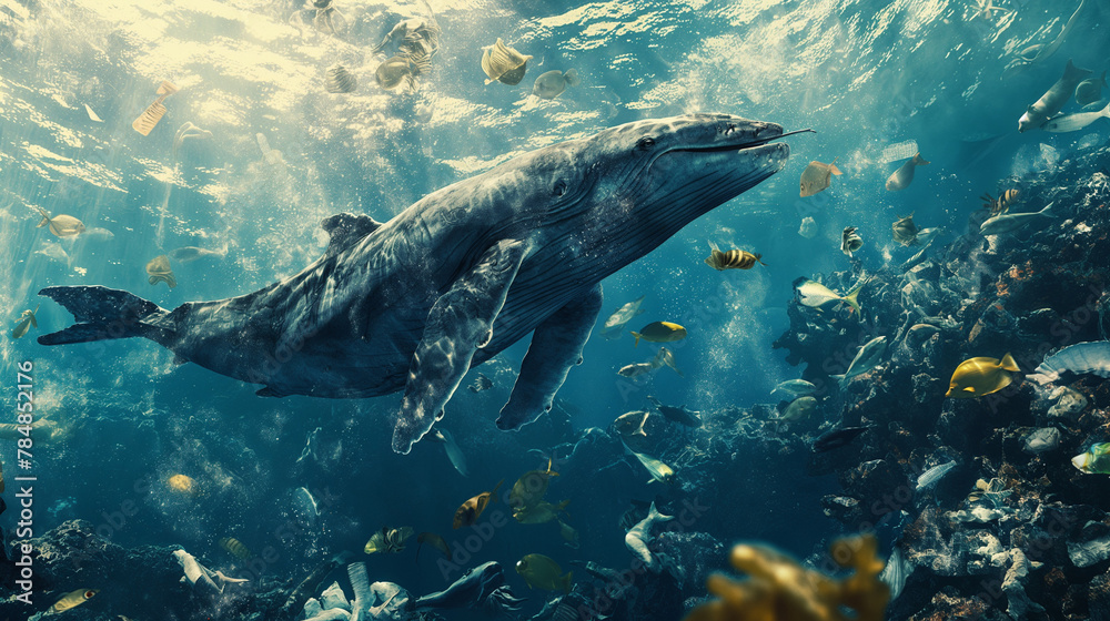 Fototapeta premium Sea mammals or dolphins get caught in the plastic waste in the sea