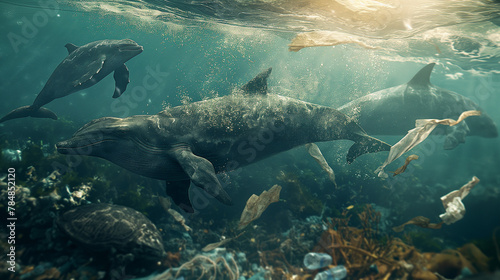 Sea mammals or dolphins  get caught in the plastic waste in the sea