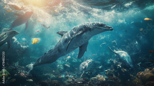 Sea mammals or dolphins get caught in the plastic waste in the sea