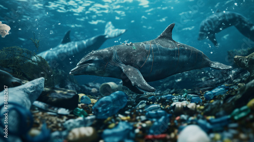 Sea mammals or dolphins  get caught in the plastic waste in the sea