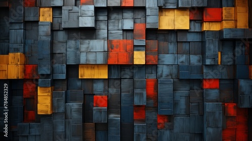 gray squares are in red, blue, green, black and yellow, in the style of dark orange and indigo, classical composition, abstracted forms, woven color planes