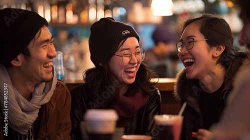 A candid moment of laughter shared between friends from different cultural backgrounds at a local coffee shop, their genuine smiles reflecting the universal language of joy.