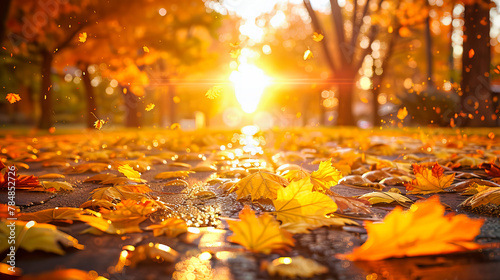 Sunlit Autumnal Scene in a Park  Featuring Bright Foliage and a Peaceful Atmosphere