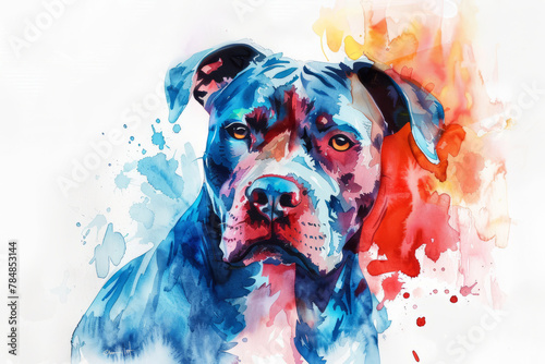 Portrait of American Pit Bull Terrier dog. Colorful watercolor painting illustration. photo