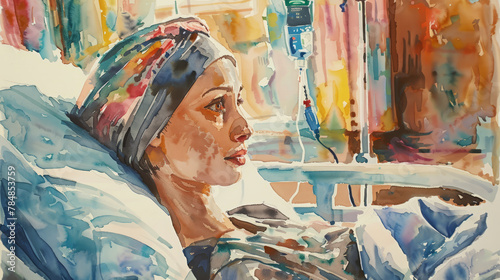 Portrait of cancer patient in hospital's bed. Colorful watercolor painting illustration.