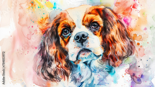 Portrait of Cavalier King Charles Spaniel dog. Colorful watercolor painting illustration. photo