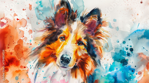 Portrait of Collie dog. Colorful watercolor painting illustration.