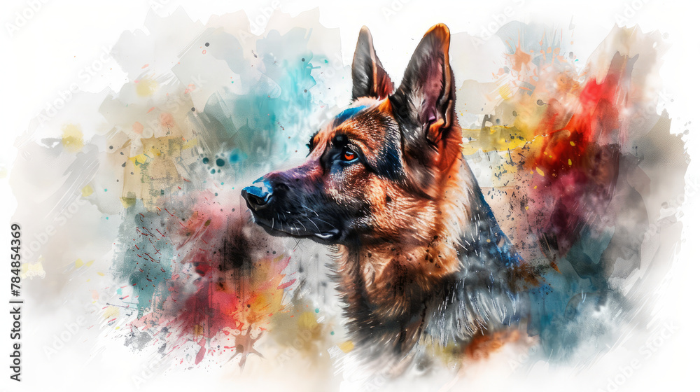 Portrait of german shepherd dog. Colorful watercolor painting illustration. - obrazy, fototapety, plakaty 