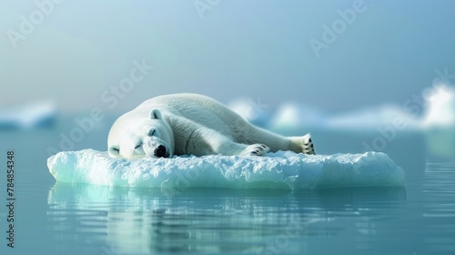 Climate change depicted by a polar bear sleeping on ocean ice