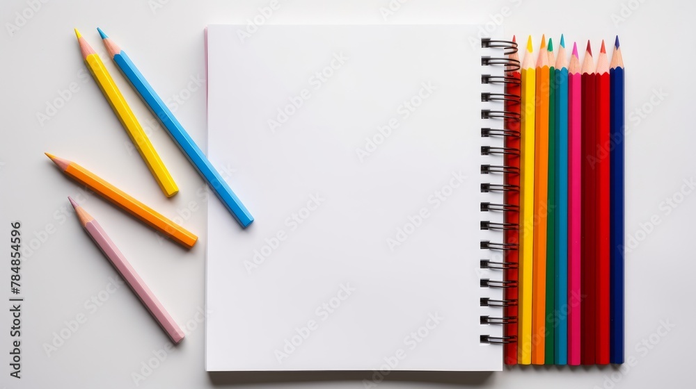 Colored pencils and a notebook on gray background Colored pencils and a notebook on gray background