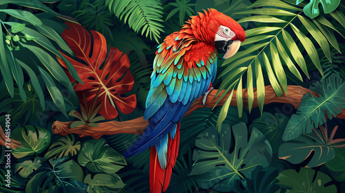 Vibrant macaw perched on a branch amidst lush