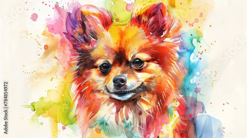 Portrait of Pomeranian dog. Colorful watercolor painting illustration. © Tepsarit