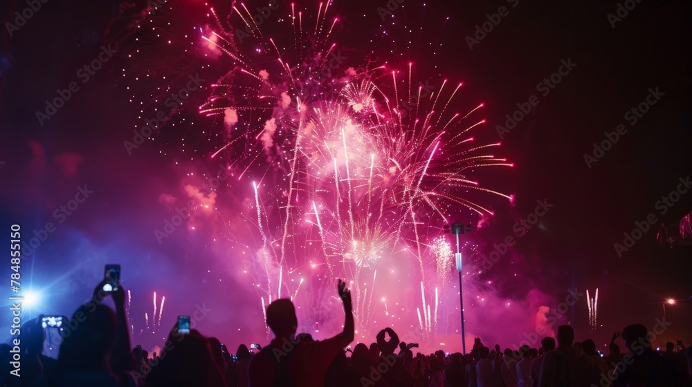 A captivating firework display illuminating the night sky during a cultural celebration, with spectators gathered to witness the spectacle, symbolizing joy and communal spirit.