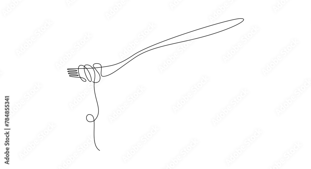 Fork with pasta in One Continuous line drawing. Italian spaghetti noodle for web banner and food delivery service in simple linear style. Editable stroke. Doodle Vector illustration