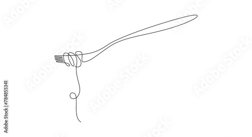 Fork with pasta in One Continuous line drawing. Italian spaghetti noodle for web banner and food delivery service in simple linear style. Editable stroke. Doodle Vector illustration