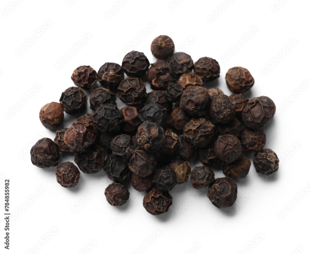 Aromatic spice. Many black dry peppercorns isolated on white, top view Aromatic spice. Many black dry peppercorns isolated on white, top view