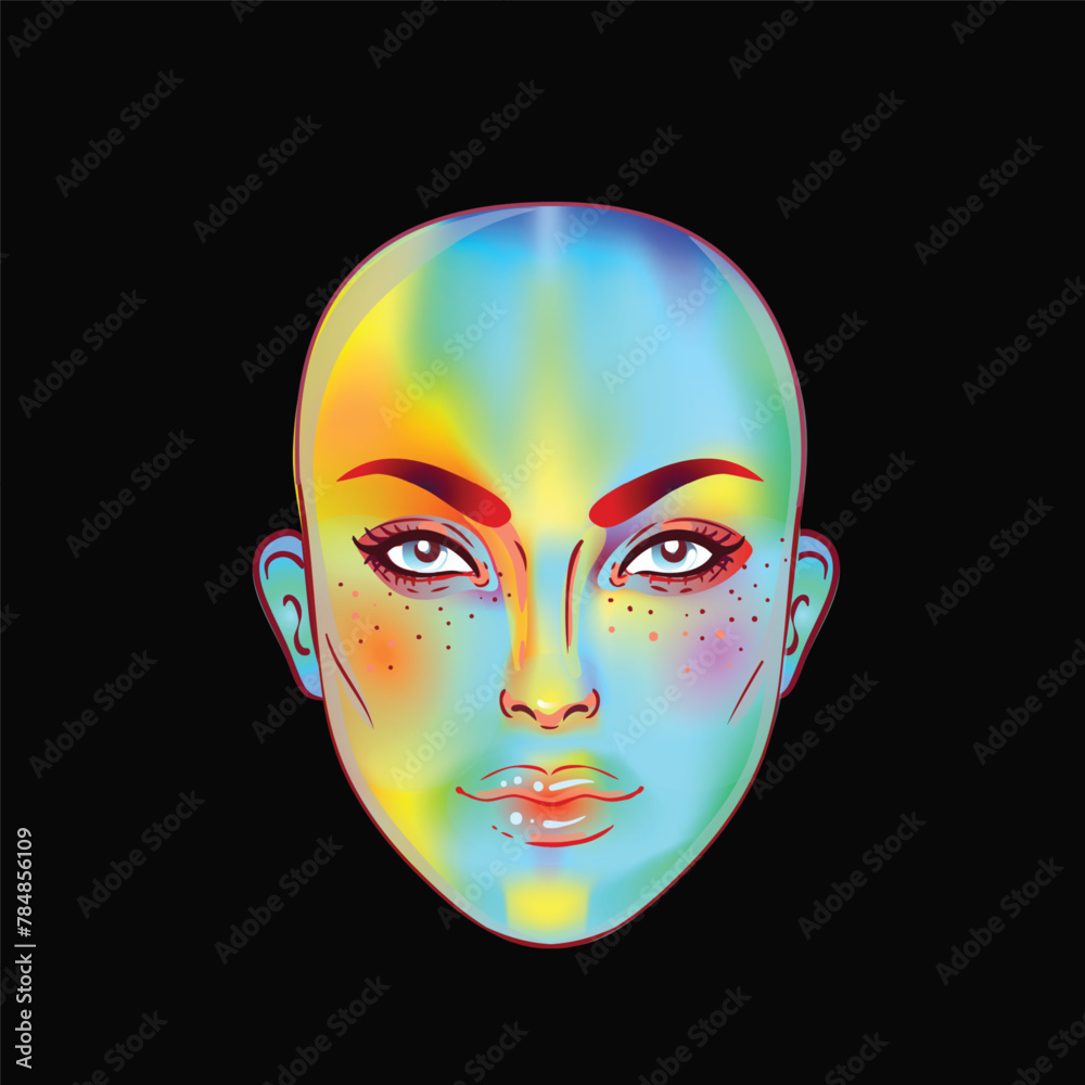 Portrait of robot android woman in retro futurism style. Vector illustration of a cyborg in glowing neon bright colors. futuristic synth wave flyer template. Cyber technology.