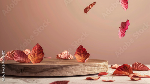 Wooden podium with autumn red leaves minimal