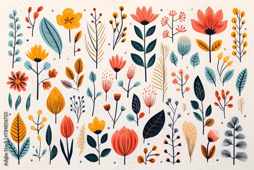 A diverse collection of stylized plants and flowers, artistically illustrated with a bold color palette, ideal for modern botanical artwork. #784856703