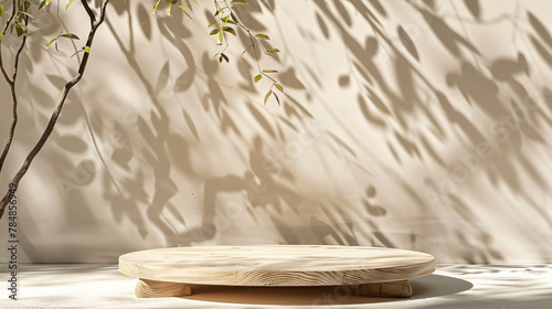 Wooden podium with leaves and shadows
