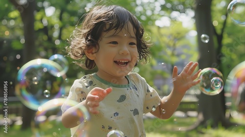 A child's wide-eyed wonder as they chase bubbles in a park, their movements spontaneous and filled with pure delight, epitomizing the innocence of childhood.