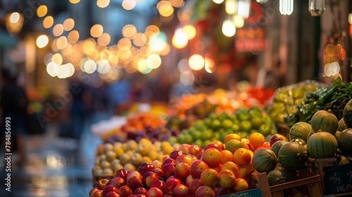 Softly blurred image of a quaint street market in the Mediterranean overflowing with colorful produce dangling lights above and bustling crowds in the background. . photo