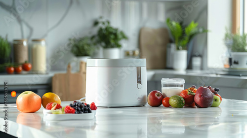 Yogurt maker with jars and different fruits
