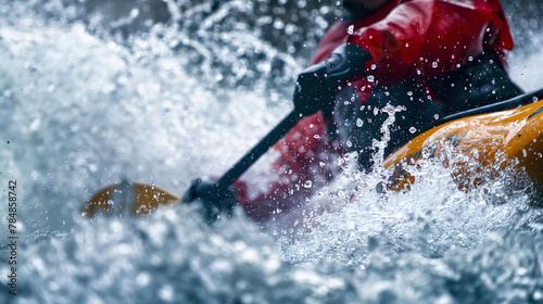 An adrenaline-fueled close-up of a kayaker navigating through tumultuous whitewater rapids © punniix