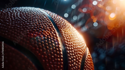 A macro of a basketball reveals the rough texture and characteristic ridges on the ball's surface. Basketball ball focus under dramatic light. © Vagner Castro
