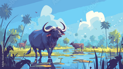 Water buffalos in south of Thailand swamps .. 2d flat