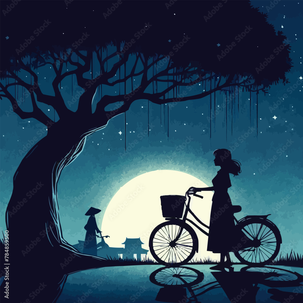 Lonely girl with bike standing near tree feeling sad