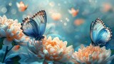 Ethereal Blue Butterflies on Peach Chrysanthemums