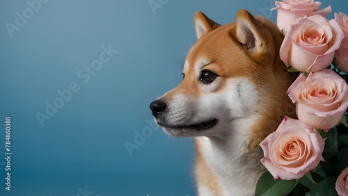 A dog is standing in front of a bouquet of pink roses