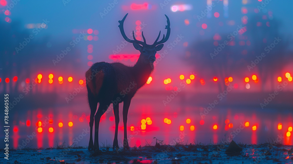 Through the neon-lit streets of an urban labyrinth, a markhor wanders, its presence a testament to the enduring spirit of wilderness amidst the concrete jungle-2