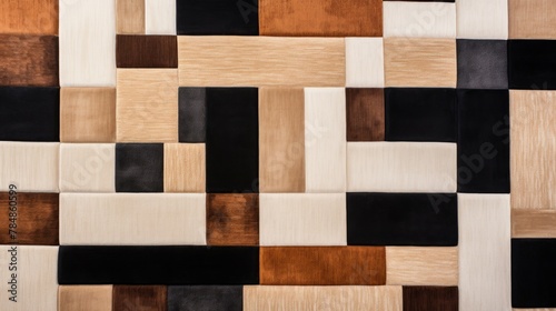abstract area rug with brown  black and white squares  in the style of color-blocked shapes  allover composition