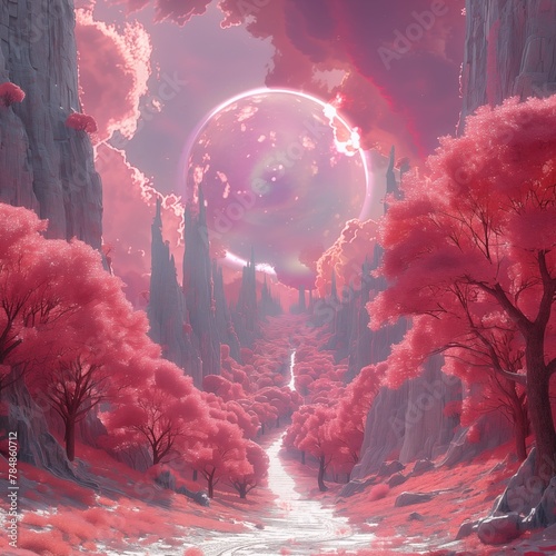 Surreal forest in pink with a castle and a bridge