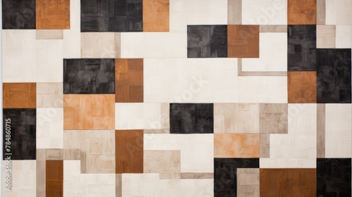 abstract area rug with brown  black and white squares  in the style of color-blocked shapes  allover composition