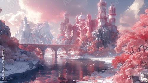Surreal forest in pink with a castle and a bridge