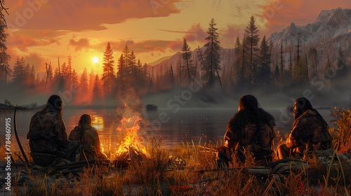 Neanderthal hunters strategize around a flickering campfire, their flint-tipped spears ready for the mammoth's approach-2 photo