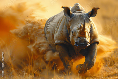 Majestic rhino galloping across the vast African plains  stirring up clouds of dust in its wake-1