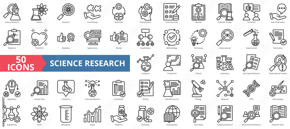 Science research icon collection set. Containing contributing, systematic, interpretation, evaluation data, planned, scientific studies, socialized icon. Simple line vector.