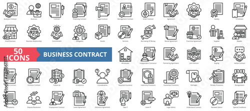 Business contract icon collection set. Containing financing, legal, management, smart, agreement, partnership, validity icon. Simple line vector.