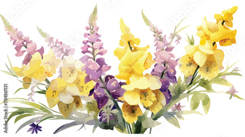 Watercolor botanical illustration of yellow and pur photo