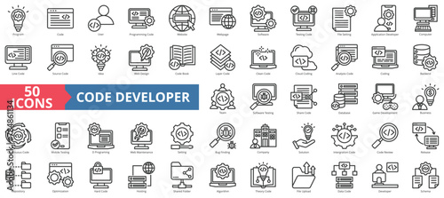 Program icon collection set. Containing code, user, programming, website, webpage, software, testing icon. Simple line vector.